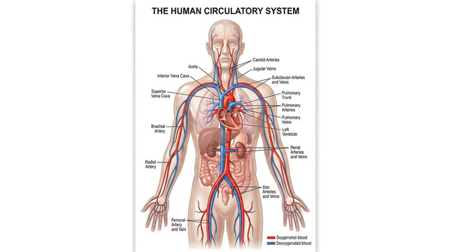 Full‑body diagram of the human circulatory system labeling heart, major arteries and veins in head, arms, trunk and legs, showing red and blue color coding to trace systemic and pulmonary blood flow t