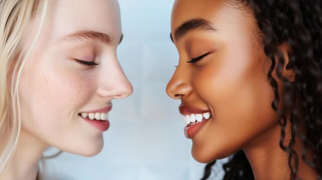 Smiling faces of two friends in a bright setting during daylight