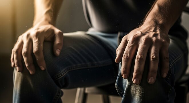 Close up of man's hands resting on knees with cinematic lighting