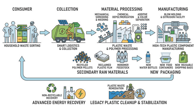 Plastic recycling and polymer processing infographic showing circular economy from household waste sorting to new packaging production