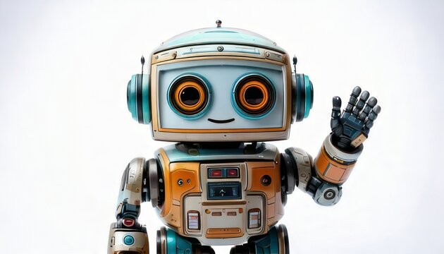 Friendly Robot Waving Hello on a White Background.