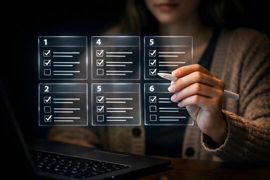 Woman is attentively checking off items on a holographic digital checklist interface with multiple glowing boxes, indicating task completion and project progress.