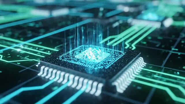 Abstract circuit board graphic with lines and microchips in focus