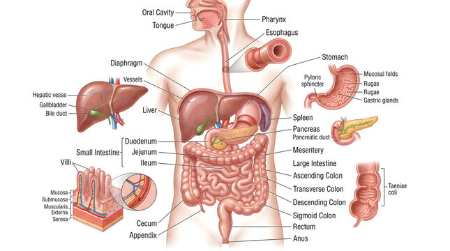 Comprehensive illustration of the digestive system with enlarged views of liver, stomach, spleen, pancreas, small intestine villi and large intestine segments, labeling major organs and regions from o