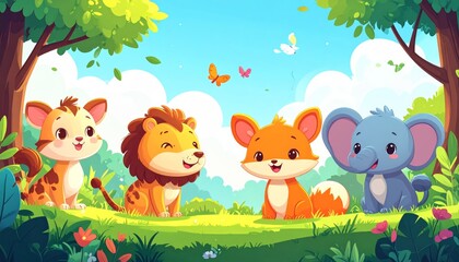 Naklejka premium a group of cartoon animals in a forest.