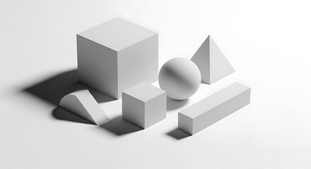 Fototapeta premium Collection of geometric solid shapes including cubes, sphere, cylinder, and pyramid arranged artfully