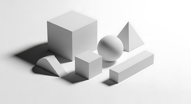 Collection of geometric solid shapes including cubes, sphere, cylinder, and pyramid arranged artfully