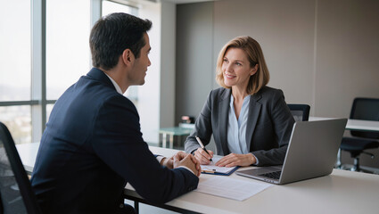 Fototapeta premium smiling businesswoman talking to male colleague in modern office, professional job interview between hr manager and candidate, corporate business partners discussing project at office desk