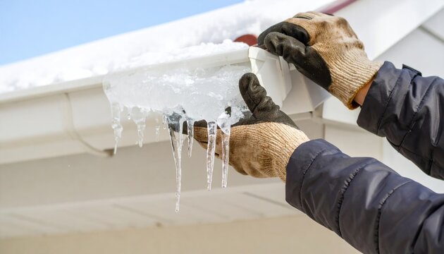 ice from a roof gutter in winter. Cold weather home maintenance, repair, and installation work on frozen house drainage system