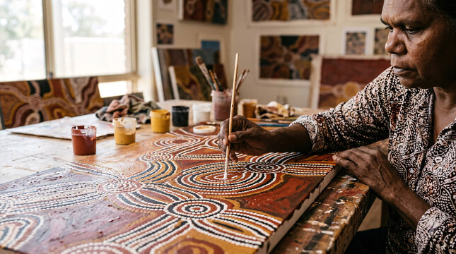 Artist painting a detailed dot-pattern canvas in a studio filled with artworks and supplies