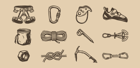 Obraz premium Rock climbing equipment icons in hand drawn vintage style for mountaineering adventure branding