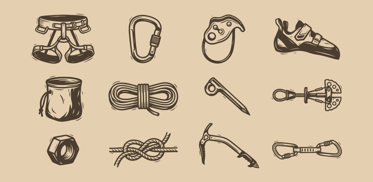 Rock climbing equipment icons in hand drawn vintage style for mountaineering adventure branding