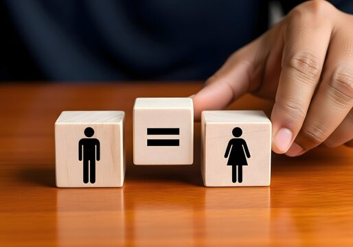 Hand placing a wooden block with an equal sign between male and female symbols on a table
