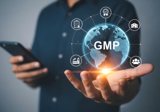 Man holding a glowing globe with gmp and icons on his palm with a smartphone in hand