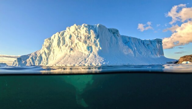 majestic iceberg floats serenely in the calm, turquoise waters, its intricate, jagged edges and smooth 