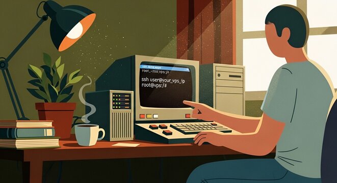 Stylized Illustration of Remote Server Access via SSH Terminal on Retro Desktop Computer