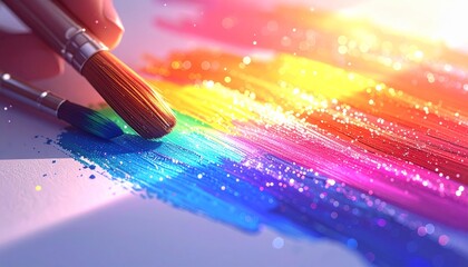 Obraz premium Vibrant rainbow colored paint strokes on white background with brush.