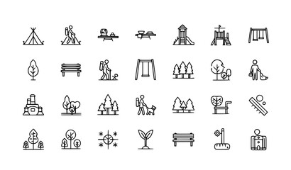 Nature and park lifestyle icon vector set with forest picnic camping hiking and leisure symbols in line style