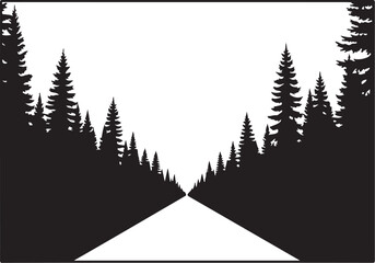 Obraz premium Pine forest, road, trees silhouette, black and white, vector landscape