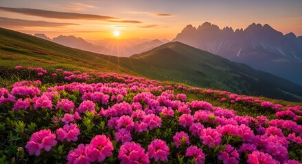 Fototapeta premium Vibrant pink flowers blooming in a lush mountain valley at sunrise