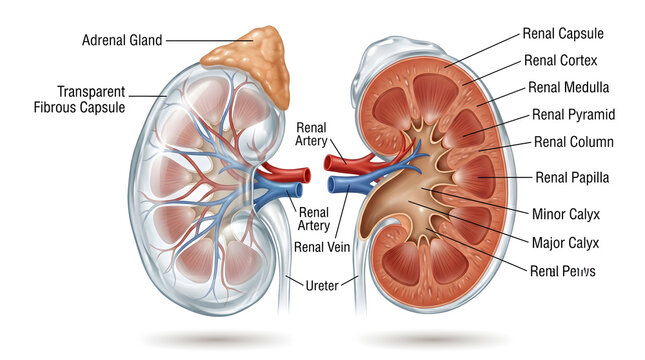 Paired human kidneys with adrenal glands and transparent fibrous capsule on one side and detailed cross‑section on the other, labeling cortex, medulla, pyramids, papillae, calyces, renal pelvis, arter