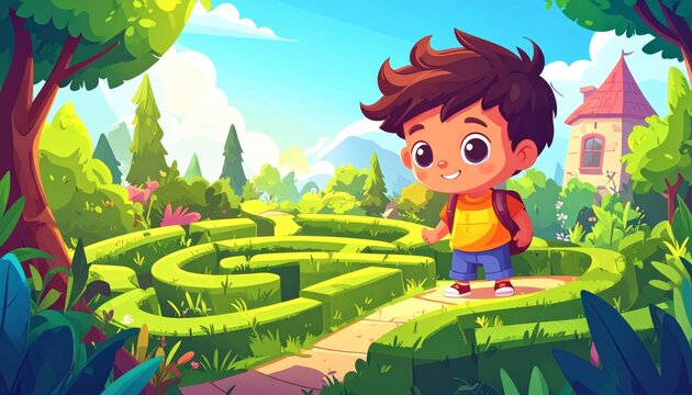 A cartoon boy standing in a maze garden.