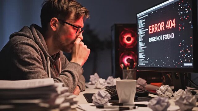 Focused young man looking at Error 404 page on computer screen at messy desk at night
