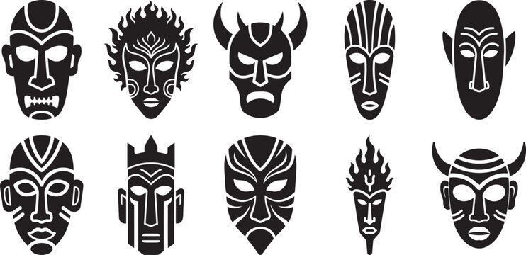 Tribal masks collection silhouette vector illustration with native american tribal art traditional primitive decoration silhouette illustration silhouette vector illustration