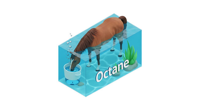 Isometric view of a deer drinking water from a bucket inside a rectangular aquarium, surrounded by aquatic plants and rocks, water splashing, Octane text.