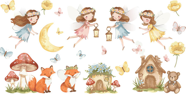 Whimsical illustration of fairies girls and animals in a magical forest with moon and mushrooms
