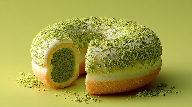 A delicious matcha green tea donut with white frosting and green tea powder on top, cut in half to reveal its vibrant green interior.