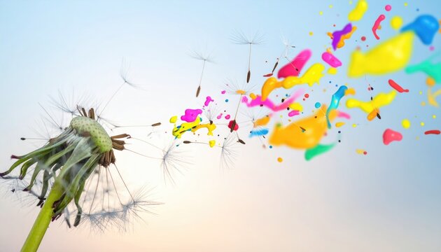 Breath of Change - dandelion seed head with one breath of wind dispersing seeds into colorful abstract shapes, symbolizing transformation, new beginnings, and letting go