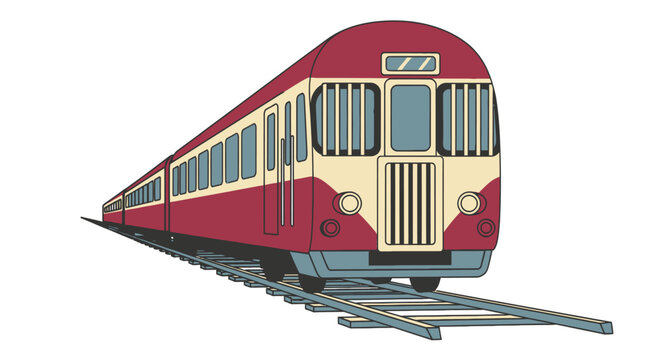 Vector Train on Railway Tracks in Retro Illustration Style