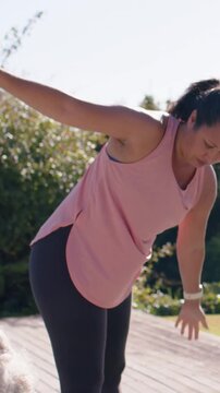 Vertical video: Reacting to breath cue, women in pink tops doing side-bend on deck for balance, mat