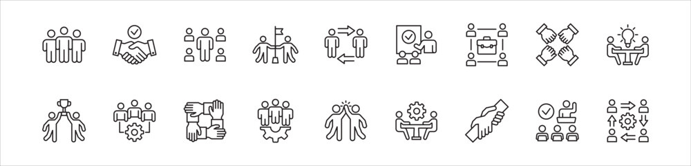 Fototapeta premium Teamwork, collaboration, success icon set. Containing icon symbol : group, cooperation, agreement, people holding flag together, togetherness, business, helping hand, management, discussion, work.