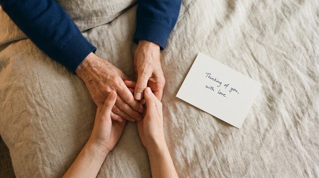 Caregiver holding senior hands with love note on linen bed sheet.