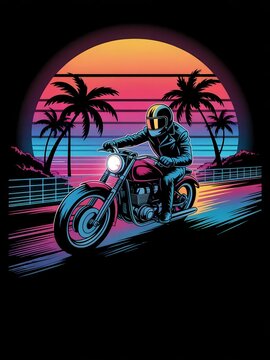 Vintage 1980s Style Illustration of a Biker in Leather Jacket