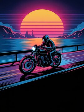Motorcyclist Riding on Tropical Road with Palm Trees and Retrowave Sun