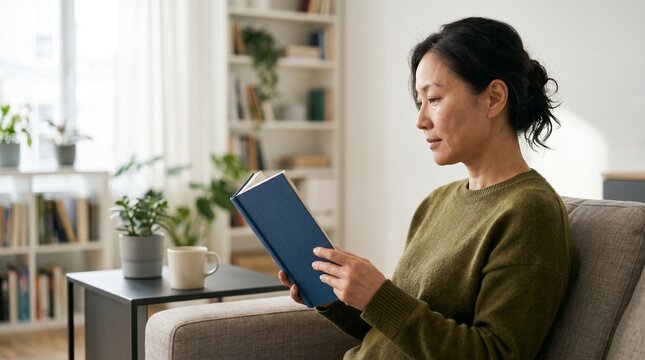 Mature Asian woman reading a book on a sofa in a bright modern living room.