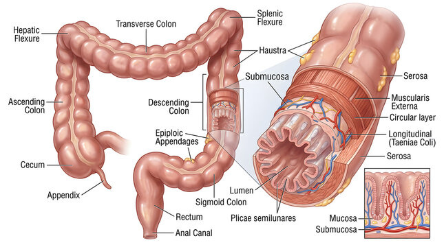 Anatomy of the human large intestine showing cecum, appendix, ascending, transverse, descending and sigmoid colon with detailed cross‑section of wall layers including mucosa, submucosa, muscularis ext