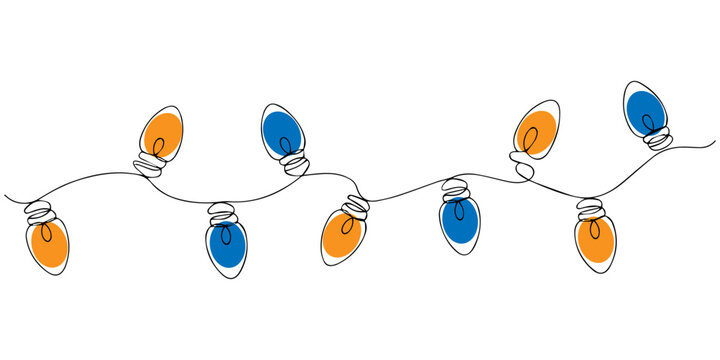christmas light continuous one line drawing, Continuous one line drawing of christmas lights decoration,  concept of holiday decor, festive season, Outline drawing of festive string lights, vector