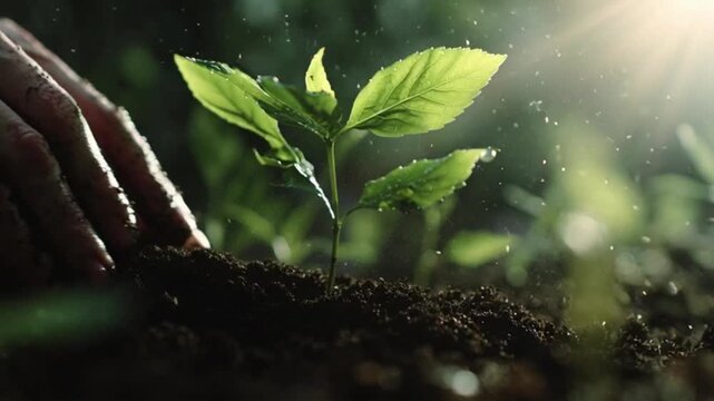 Hands planting a small green sapling in fertile soil at sunset