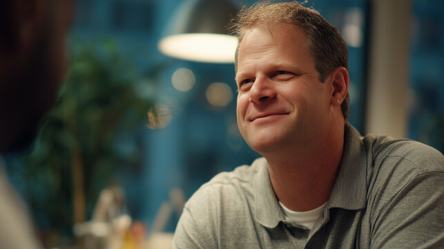 Man engaged in conversation with slight smile, close up composition, copy space on right