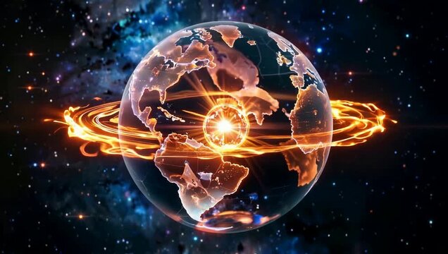 Glowing Earth globe with fiery ring and starfield background