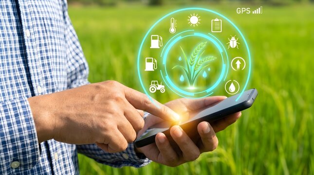 Farmer uses a smartphone with digital agriculture icons in a green field for precision farming.