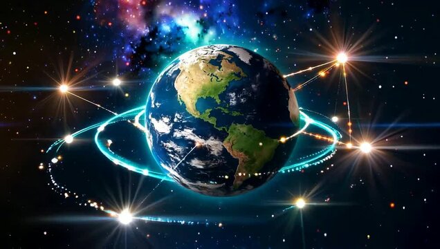 Earth with glowing network orbits and starbursts in space