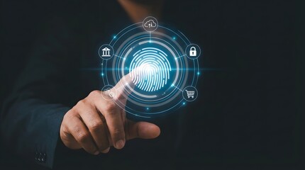 Fototapeta premium Man using a biometric fingerprint scanner for secure authentication and identification purposes.