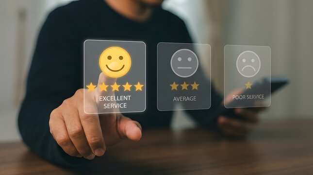 Person giving feedback with a smiley face and five-star rating on a digital interface
