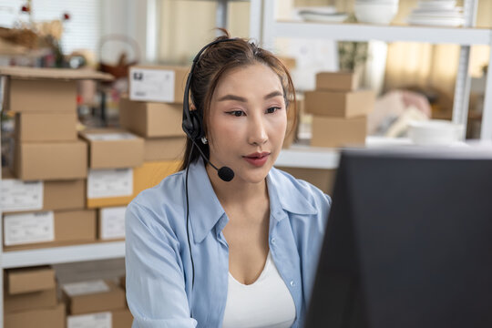 Ecommerce, order, management, online, retail seller woman examines ceramic plate at desk, checking product quality and shipment readiness while managing tableware listings, workflow for home business