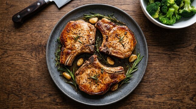 Roasted pork chops with rosemary and garlic, pan-seared bone-in pork loin steaks on plate, gourmet meat dinner with broccoli side dish isolated PNG with Transparent Background